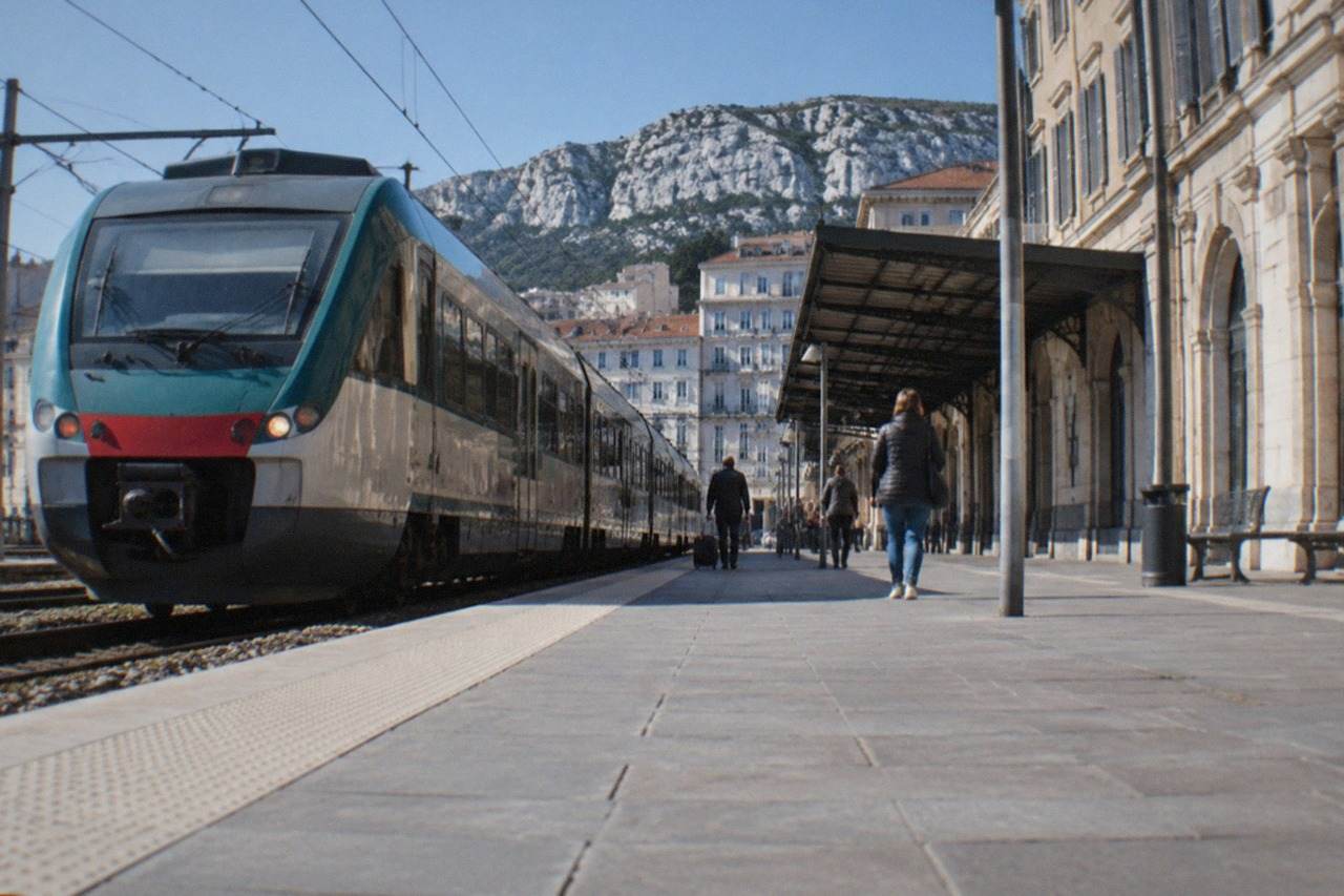 A regional train at Trieste Centrale station with the platform and station building behind it