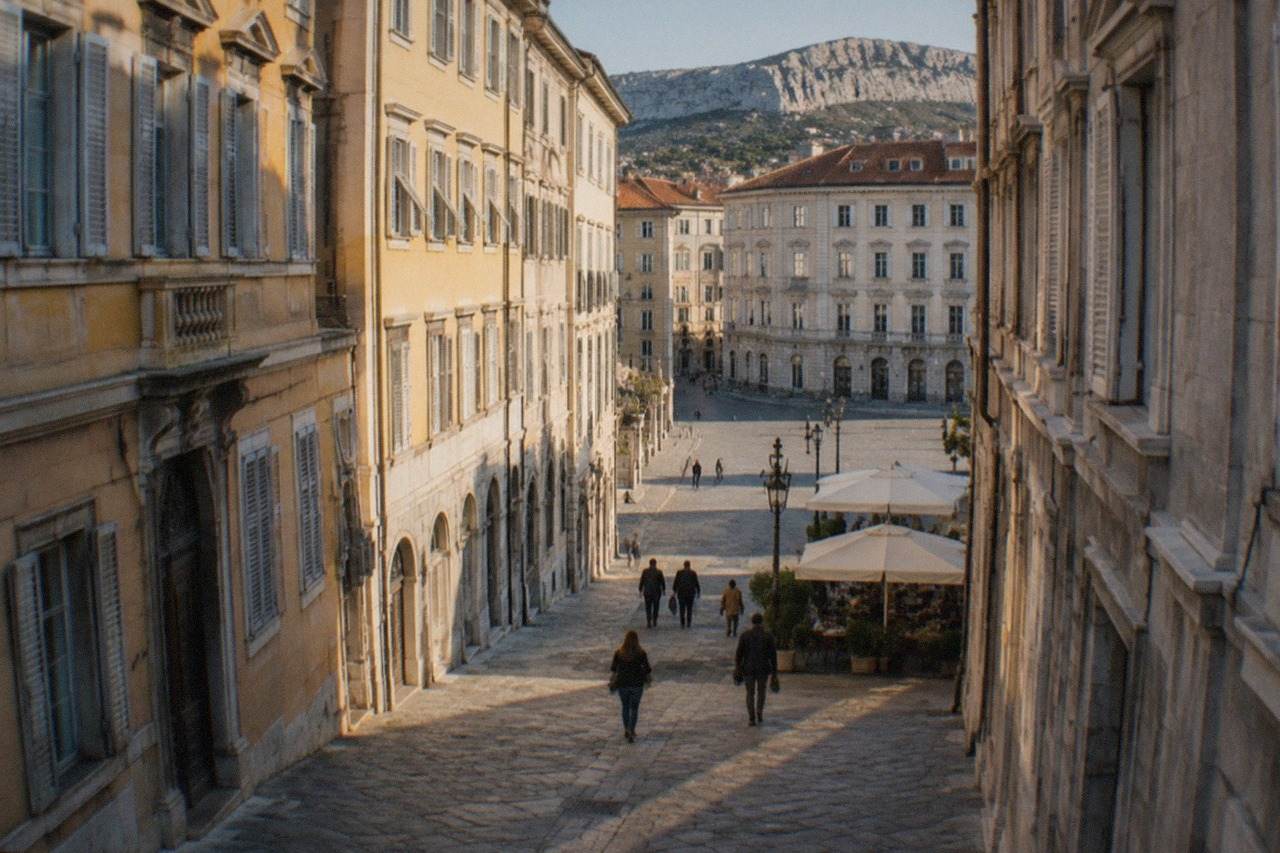 Visitors reading a menu outside a café on a Trieste square with Habsburg-era buildings behind them