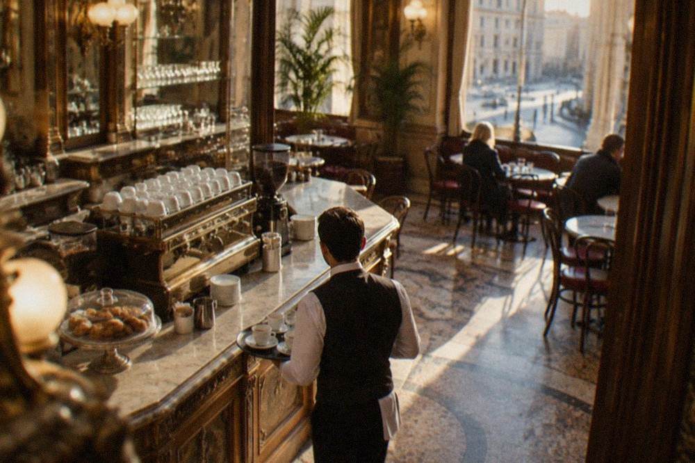 A waiter serving coffee at an ornate counter inside one of Trieste's historic cafés