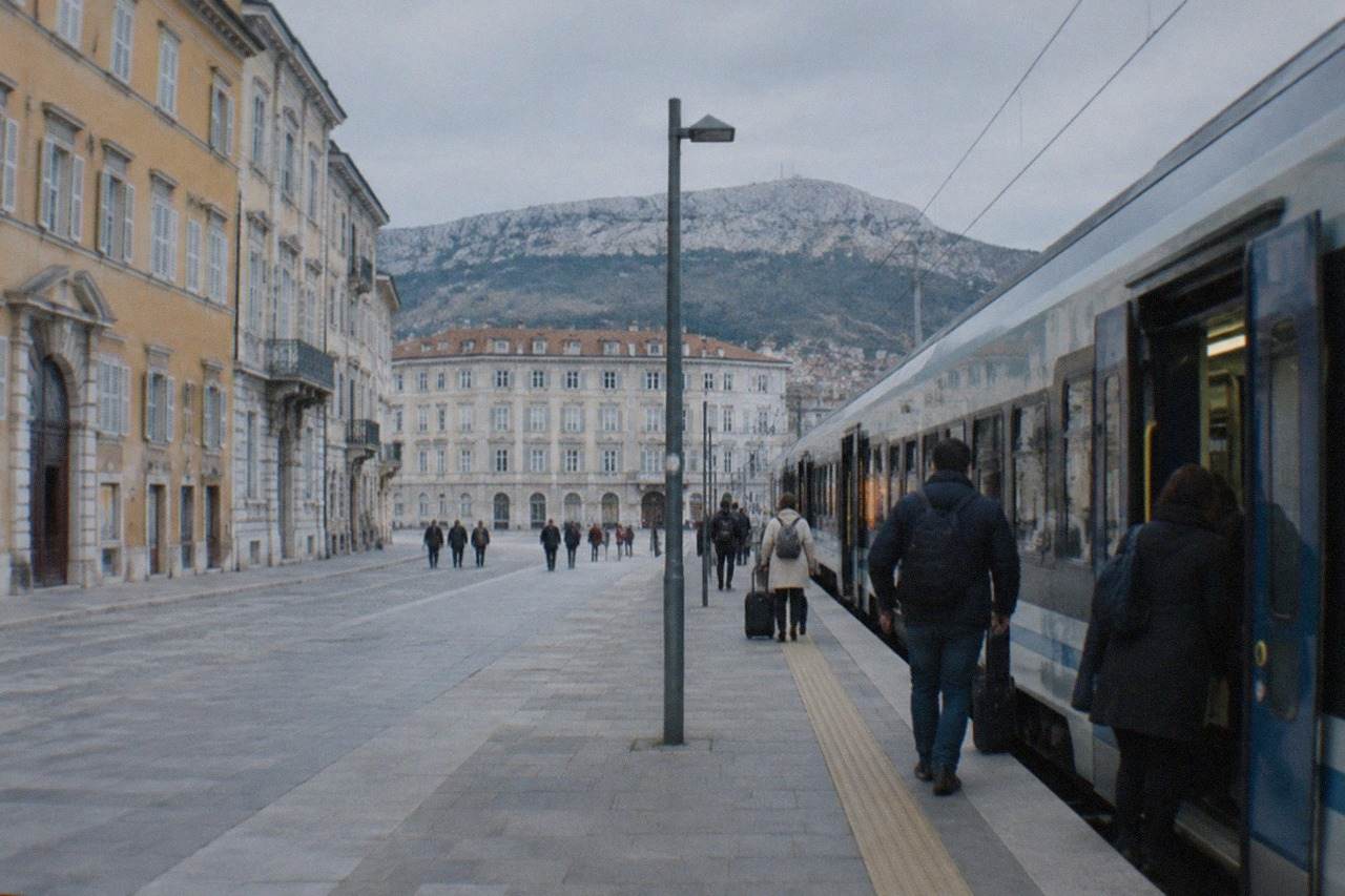 Trains at a platform in Trieste Centrale station with passengers boarding