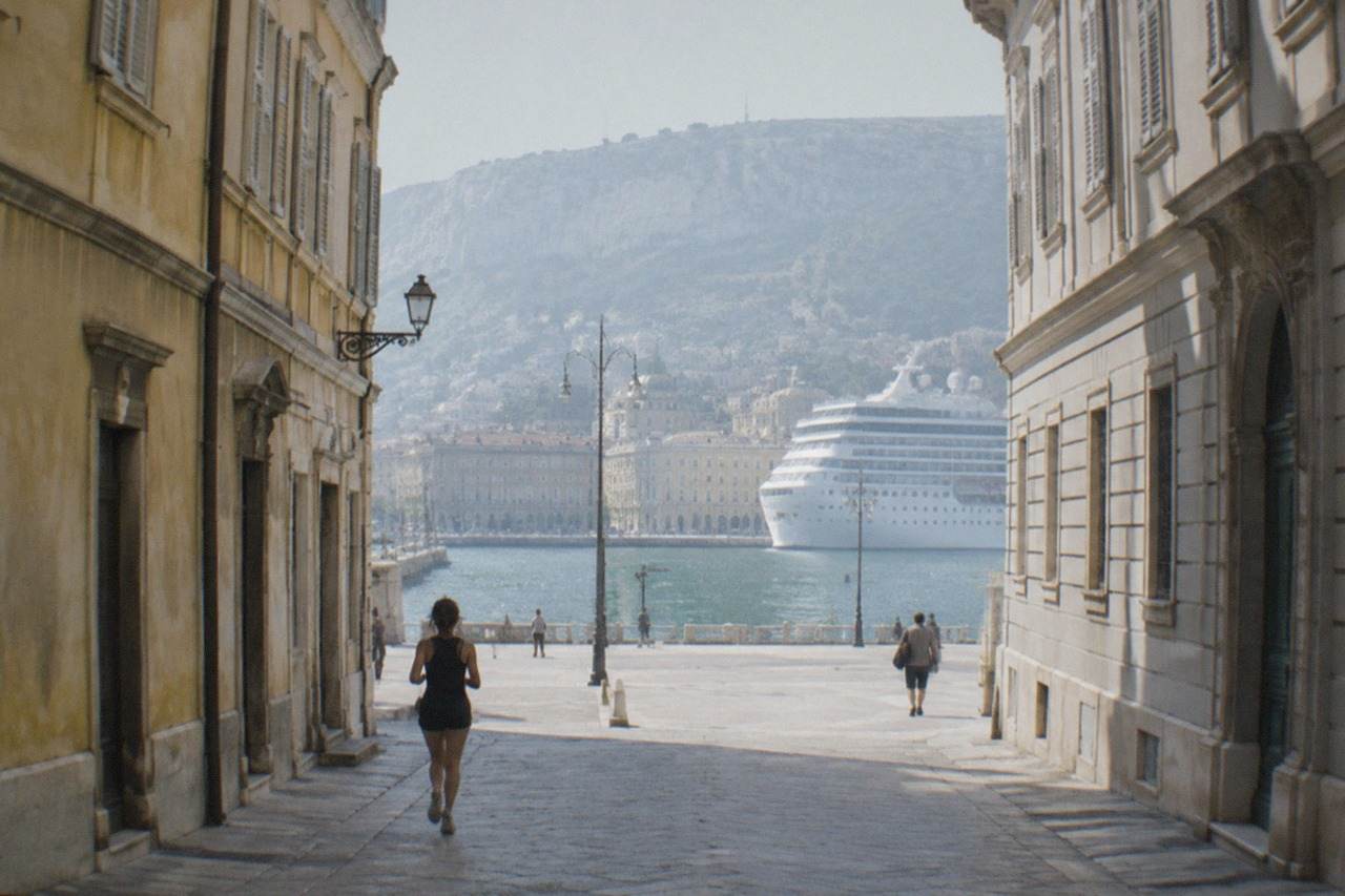 A cruise ship docked at the Trieste waterfront with the city's neoclassical buildings behind it