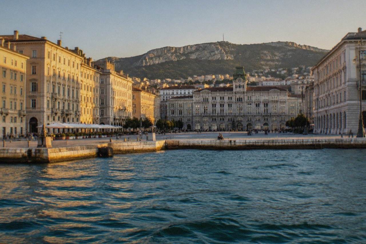 The seafront of Trieste, Italy, seen from the water with the grand square on the shoreline