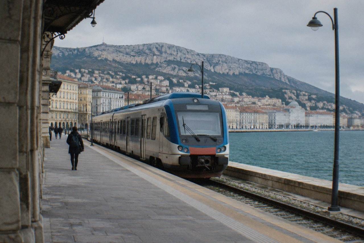 A regional train waiting at a platform beside the seafront in Trieste, Italy