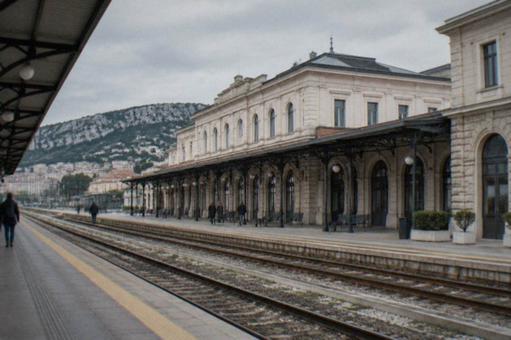The platform and tracks at Trieste Centrale with the station building behind