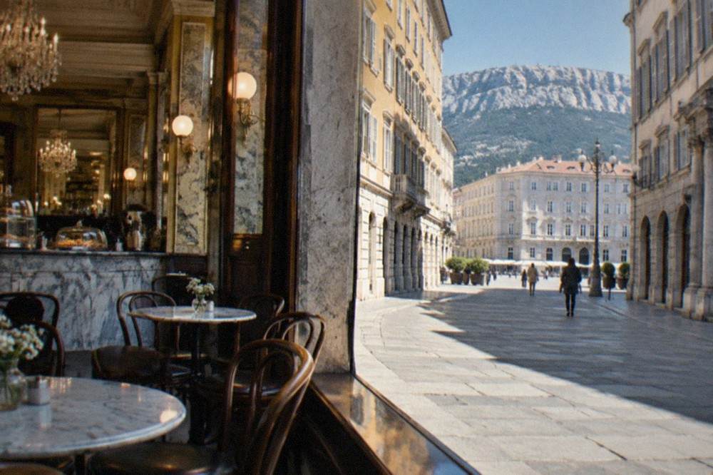 A historic café interior in Trieste with marble tables, chandeliers and a marble counter