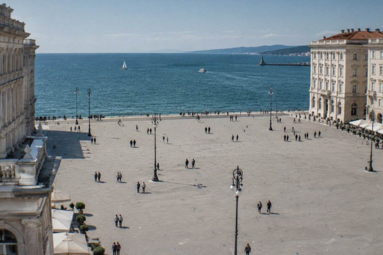 The seafront of Trieste with Piazza Unità d'Italia and the gulf beyond on a clear morning