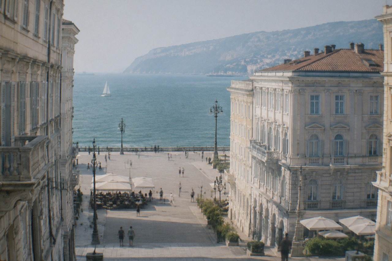 Grand hotel facades along a wide square in Trieste with the sea visible between the buildings
