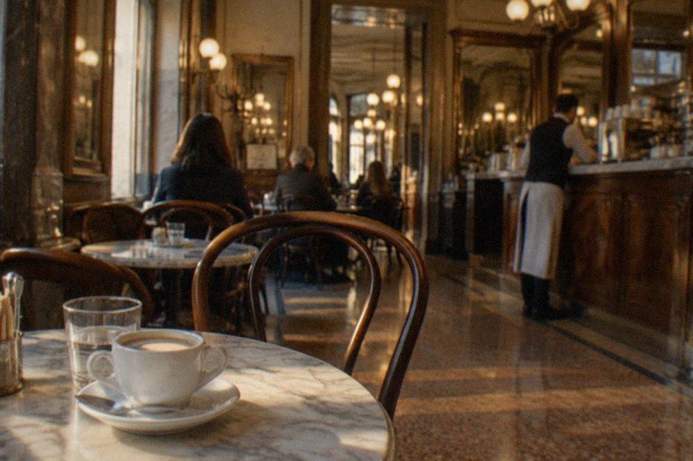A historic cafe interior in Trieste with marble tables, mirrors and coffee being served