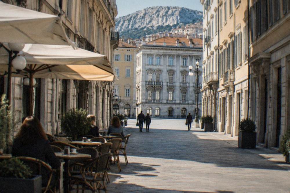 Tables outside a historic coffee house in central Trieste in the late afternoon