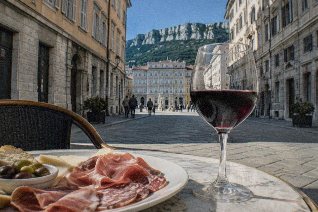 A plate of local charcuterie and a glass of red wine on a marble table in an old Trieste café