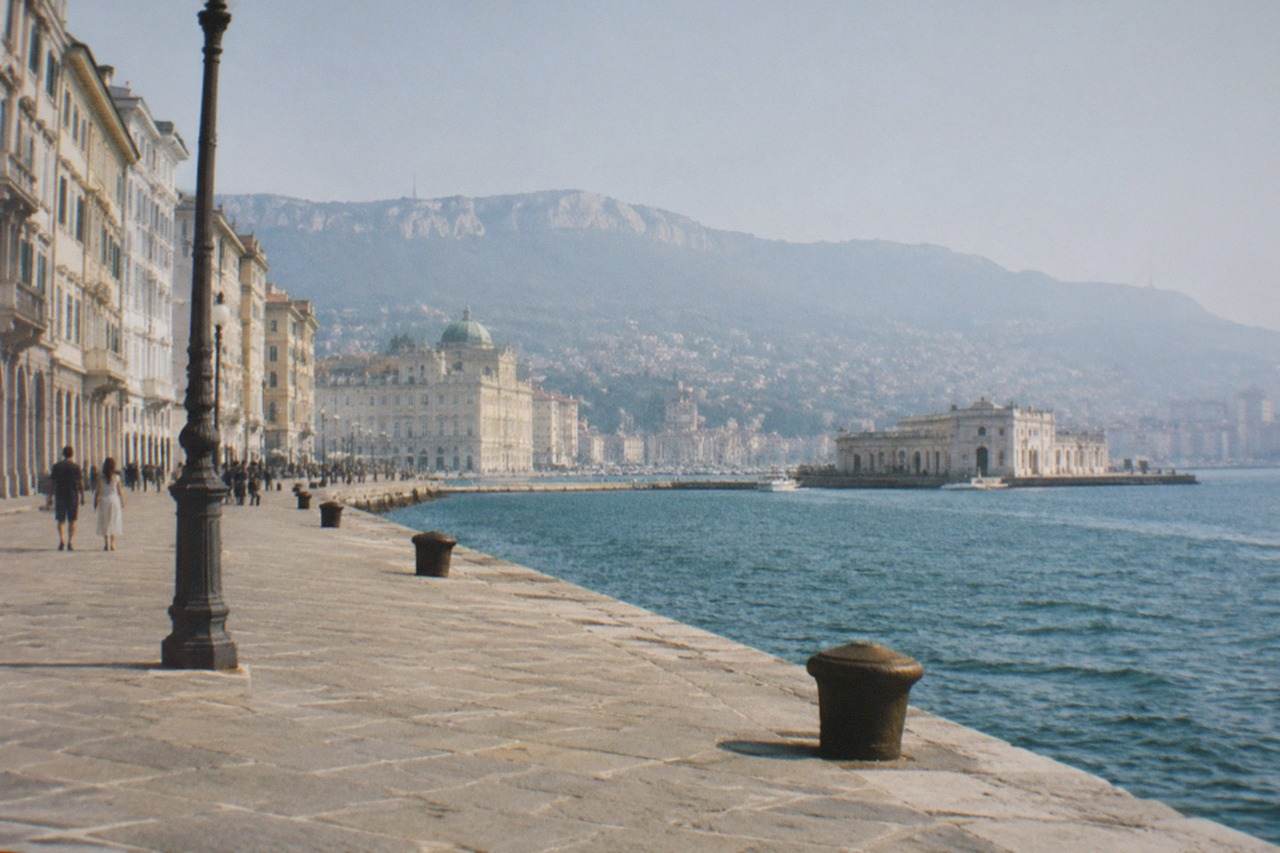 The seafront of Trieste, Italy, with the historic pier and waterfront buildings along the Adriatic gulf