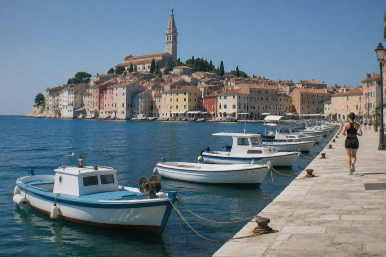 The terracotta rooftops and pale stone waterfront of a Croatian coastal town seen across the blue Adriatic