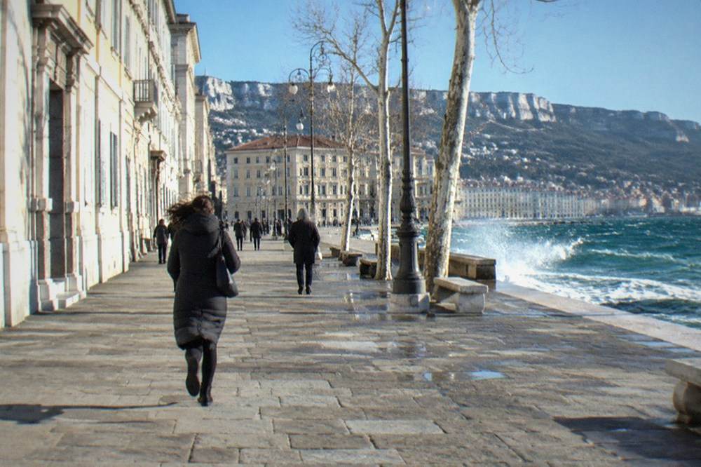 White-capped waves on the Gulf of Trieste as the bora wind blows off the seafront