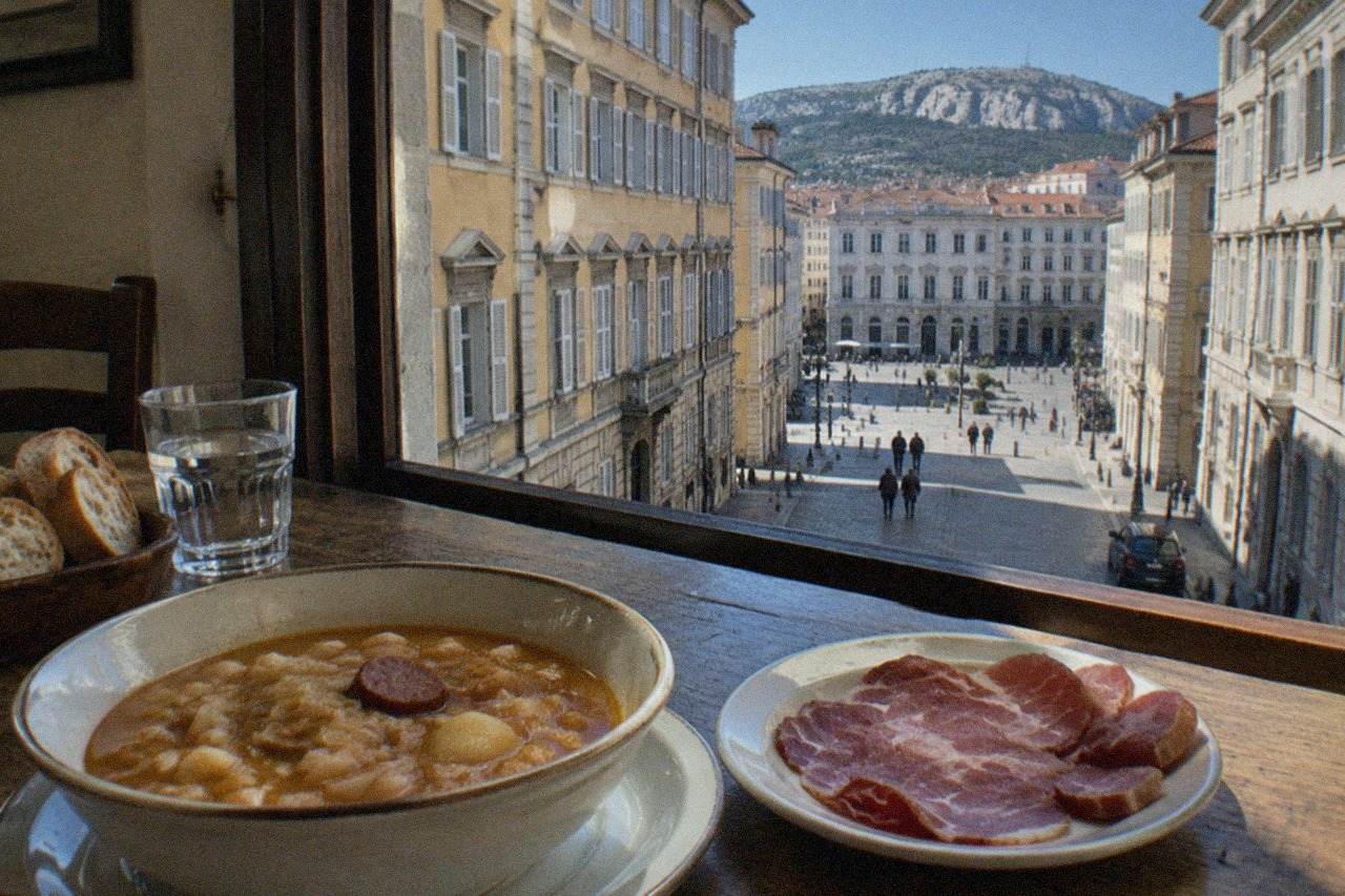 A bowl of jota soup and a plate of cured pork served on a rustic wooden table in a Trieste dining room