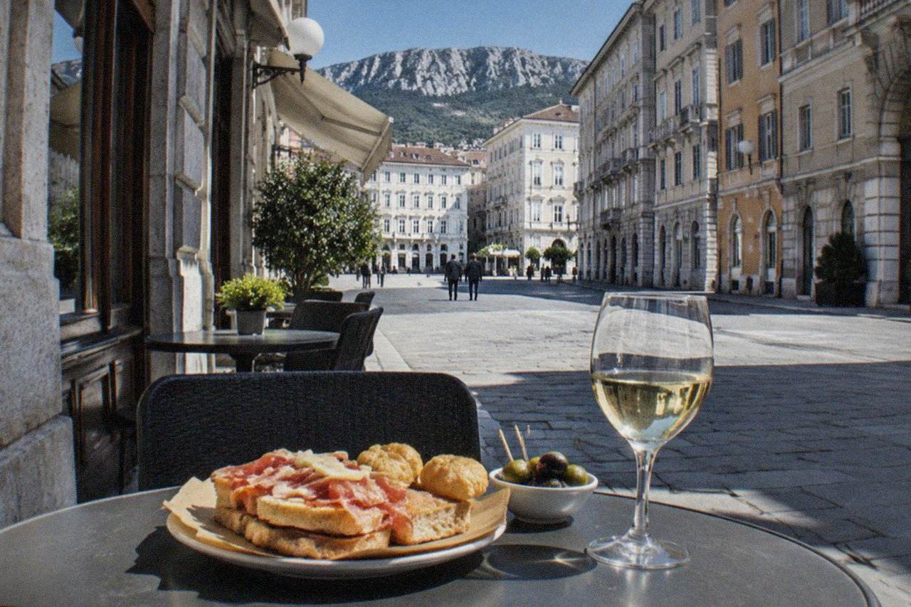 A plate of Trieste street food on an outdoor table beside a historic cafe facade