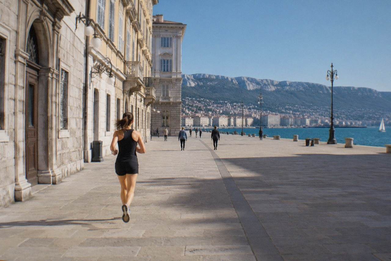The seafront of Trieste, Italy, on a calm sunny day with the waterfront square open to the Adriatic