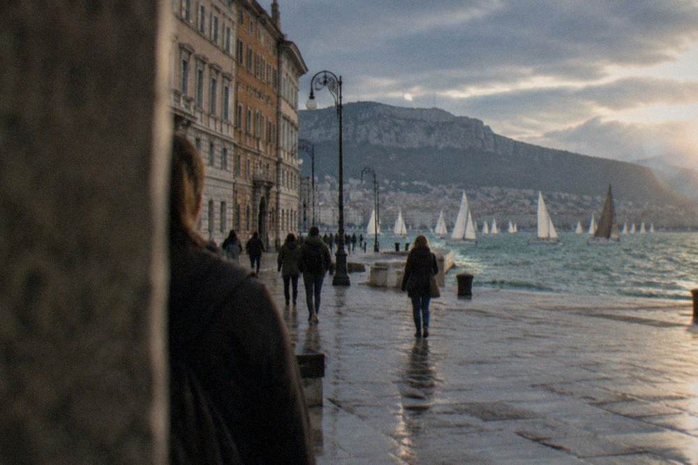 Sailing boats gathered in the Gulf of Trieste for the autumn regatta, seen from the city seafront