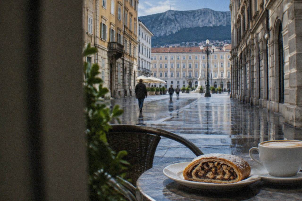 A sliced rolled pastry filled with dried fruit and nuts on a cafe plate beside a cup of coffee