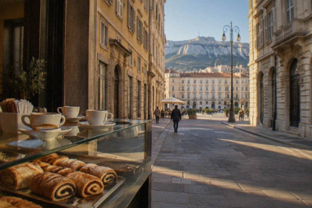 A cafe counter in Trieste with slices of rolled pastry and cups of espresso arranged on a glass display case