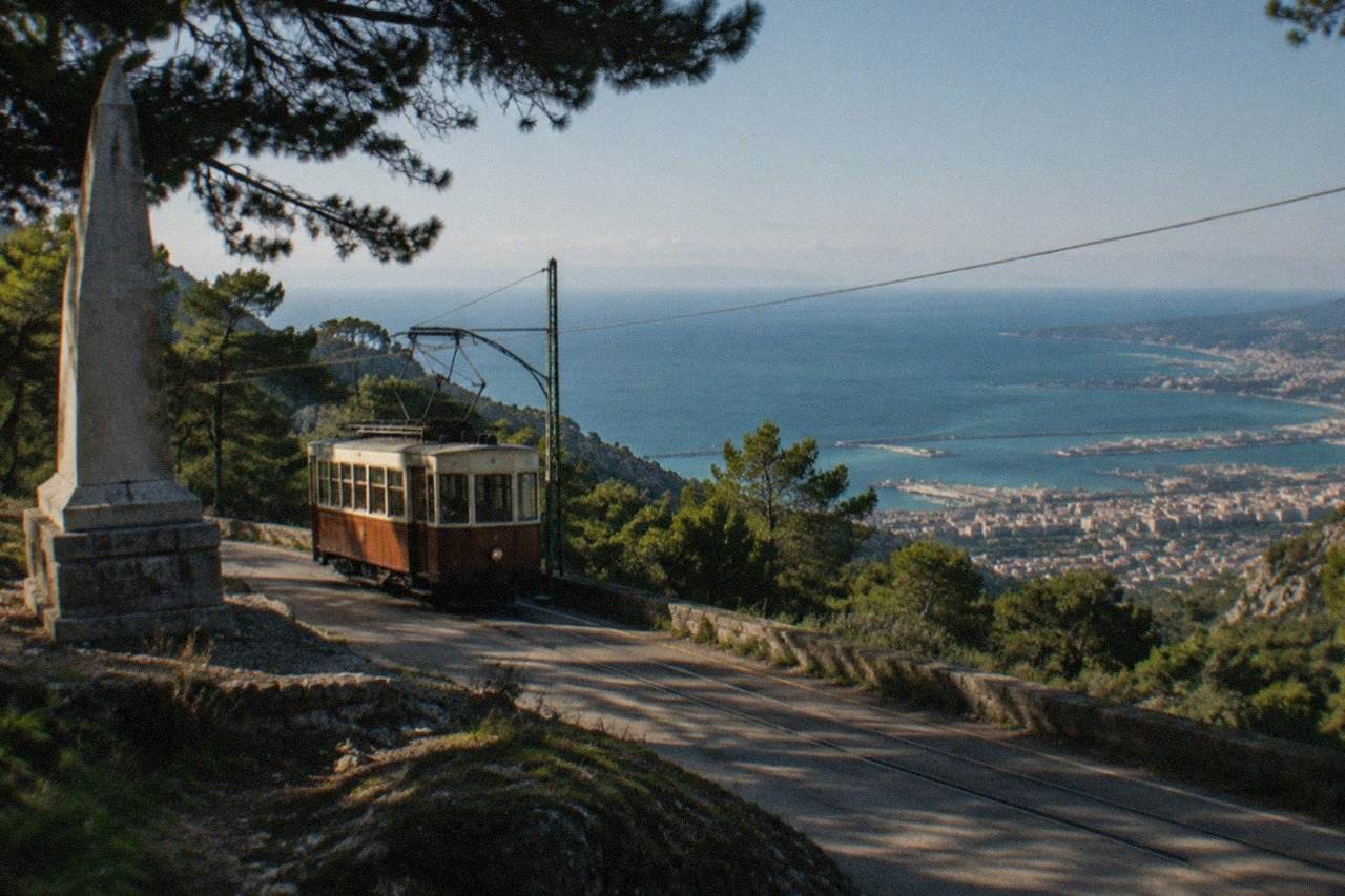 The Opicina tram climbing the steep Karst slope above Trieste with the Adriatic Gulf below