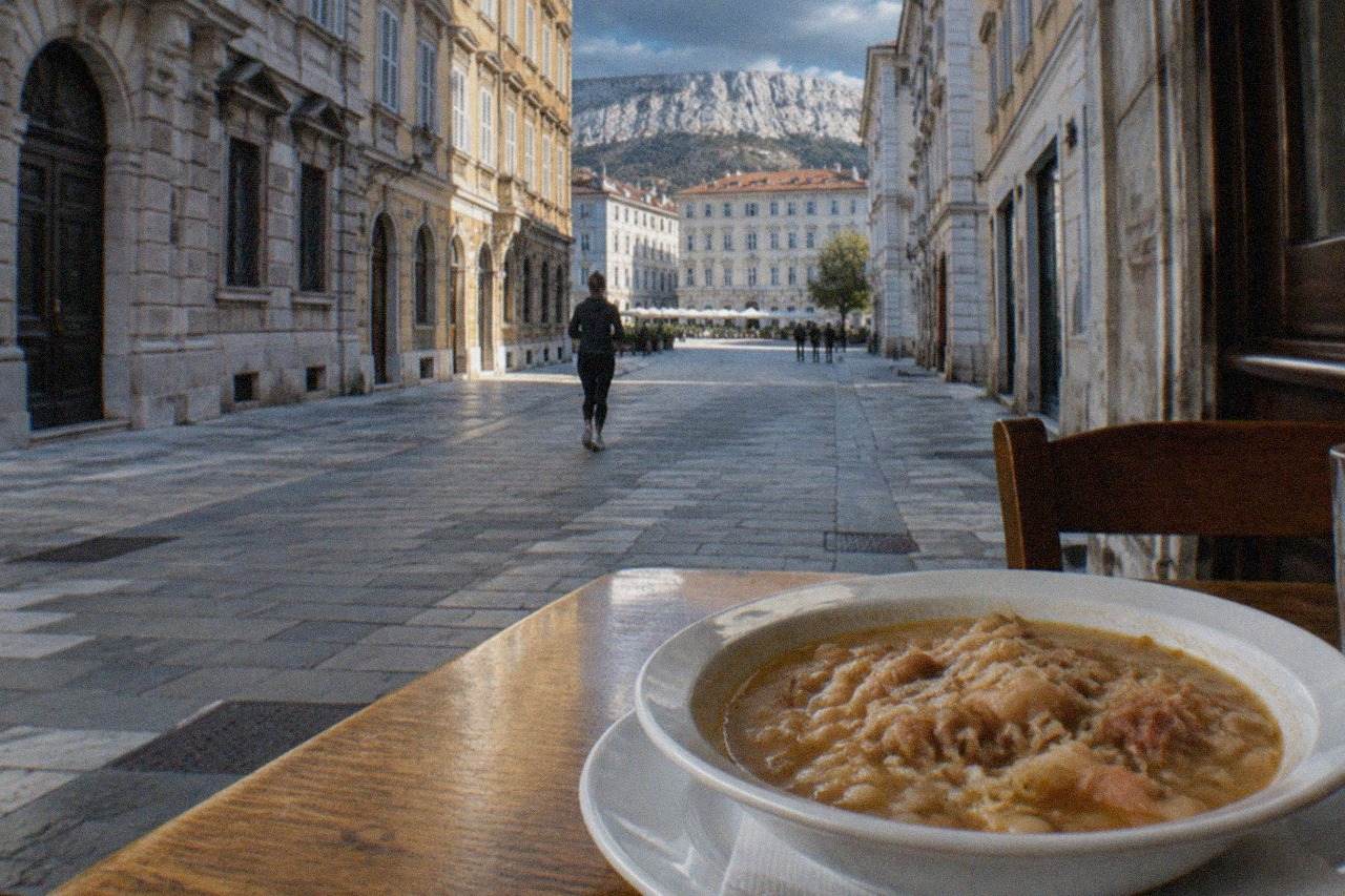 A bowl of Trieste jota soup with beans and sauerkraut on a wooden table in a traditional buffet restaurant