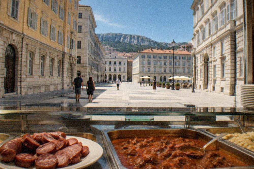 Sliced pork sausages and goulash served on a plate at a Trieste buffet counter