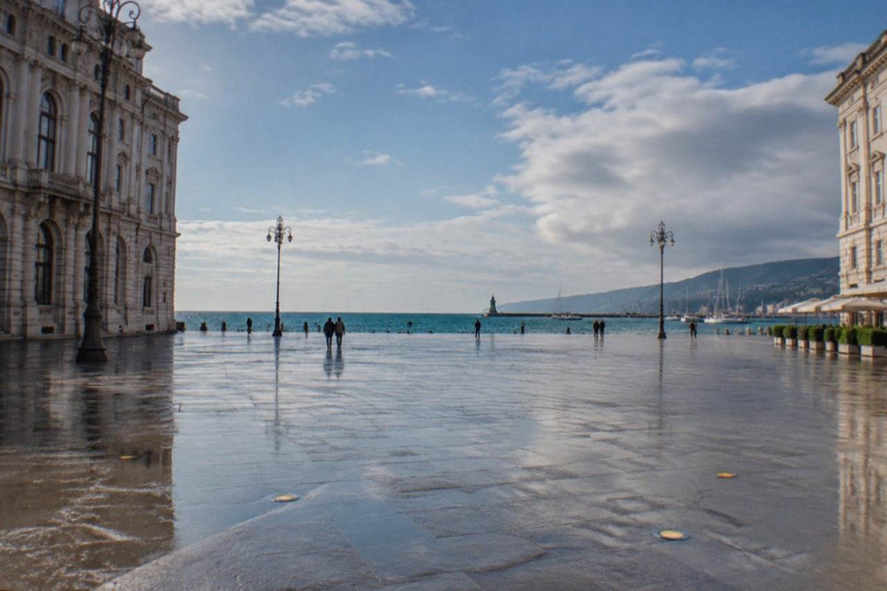 The seafront of Trieste with Piazza Unità d'Italia and the Gulf of Trieste in soft morning light