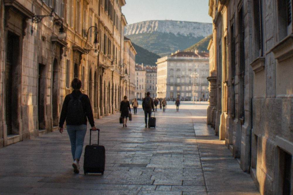 Travellers with luggage walking through the concourse of Trieste Centrale railway station