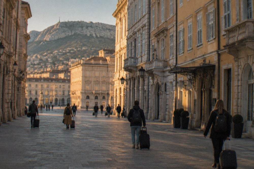 Travellers with suitcases walking along a platform at Trieste Airport railway station under a glass canopy