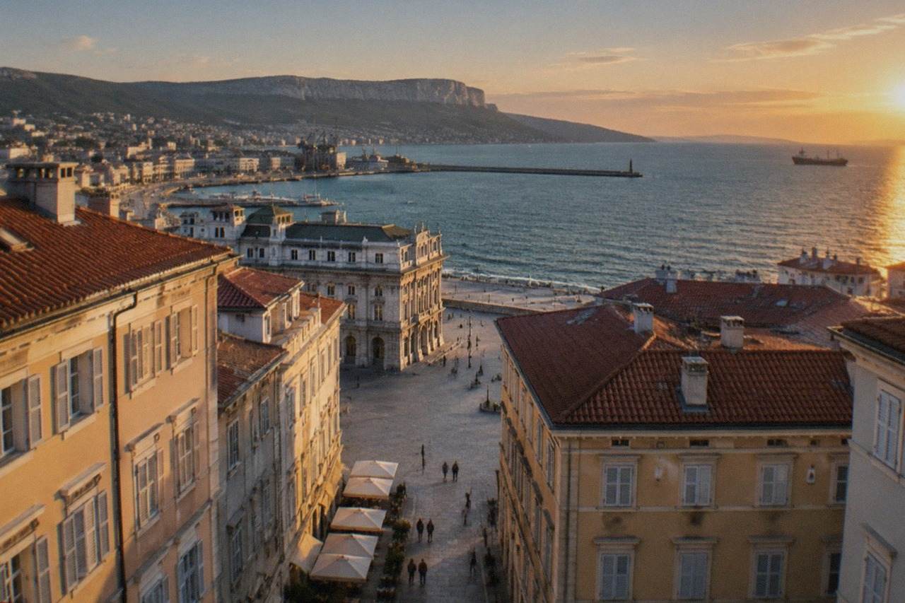 Evening view over the rooftops of Trieste toward the lit seafront and the Adriatic