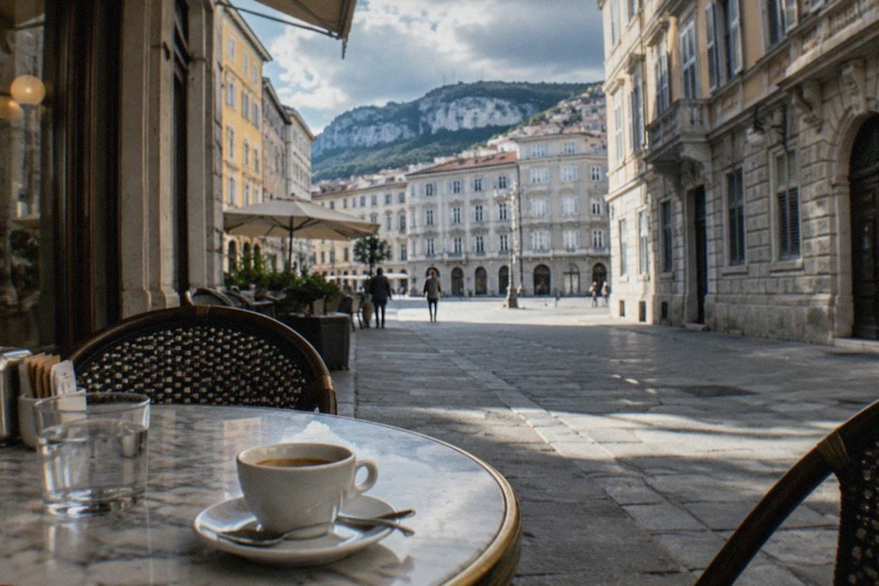 An espresso cup on a marble café table in a historic Trieste coffee house