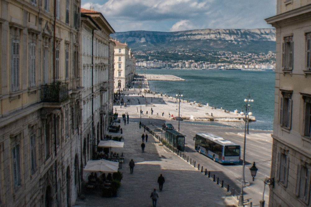 A city bus at a stop on the coastal road south of Trieste towards Muggia
