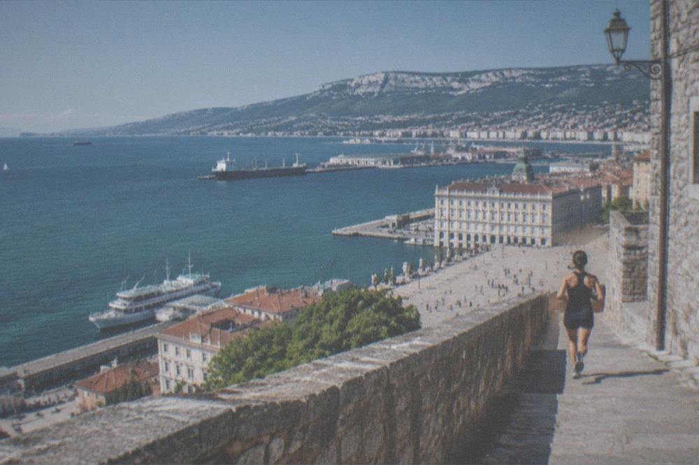 The panorama of the Gulf of Trieste seen from the castle ramparts, with the seafront and ships below