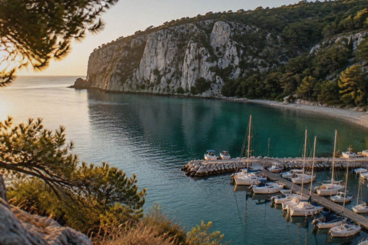 A curved bay on the Adriatic coast with a narrow beach, calm turquoise water and pine-covered slopes above it