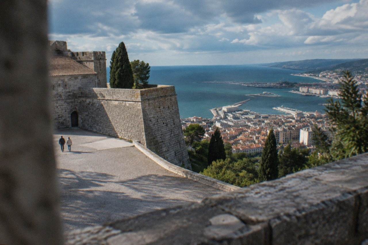 An ancient stone archway standing on a narrow street below a castle hill in Trieste
