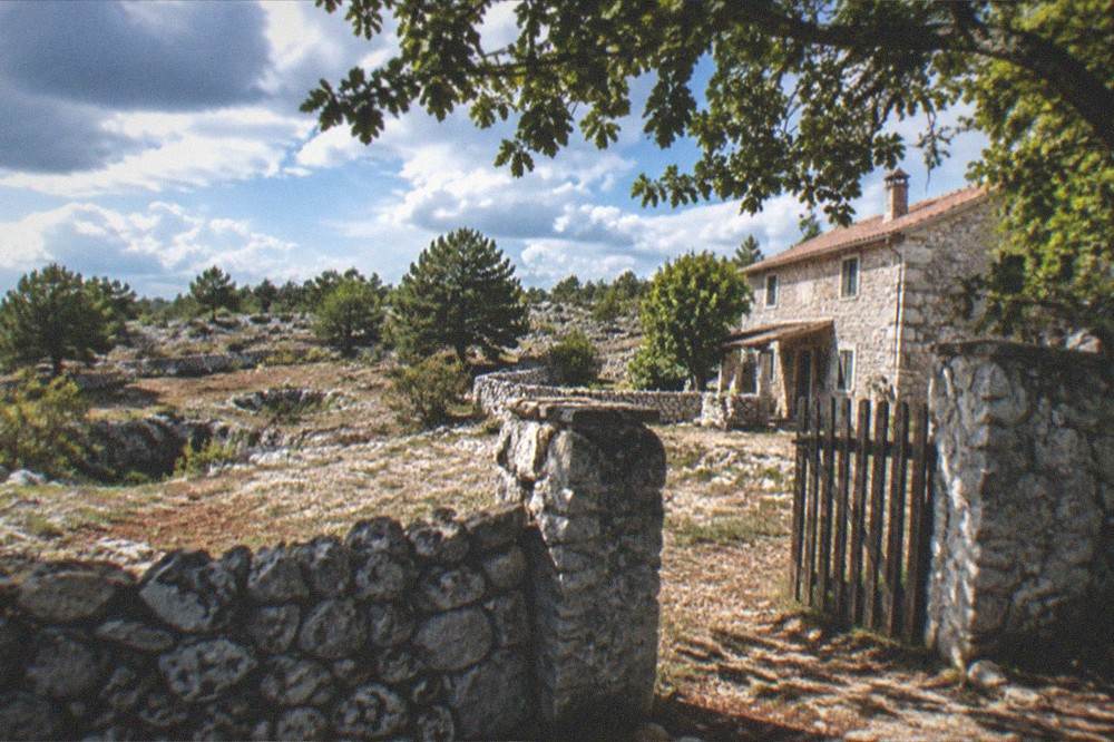 A stone farmhouse on the karst plateau with a leafy frasca branch hung above the gate