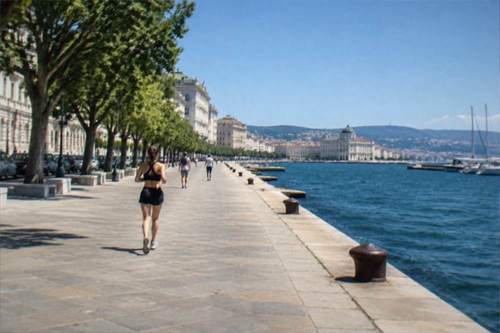 A long seafront promenade with trees and a city skyline behind it
