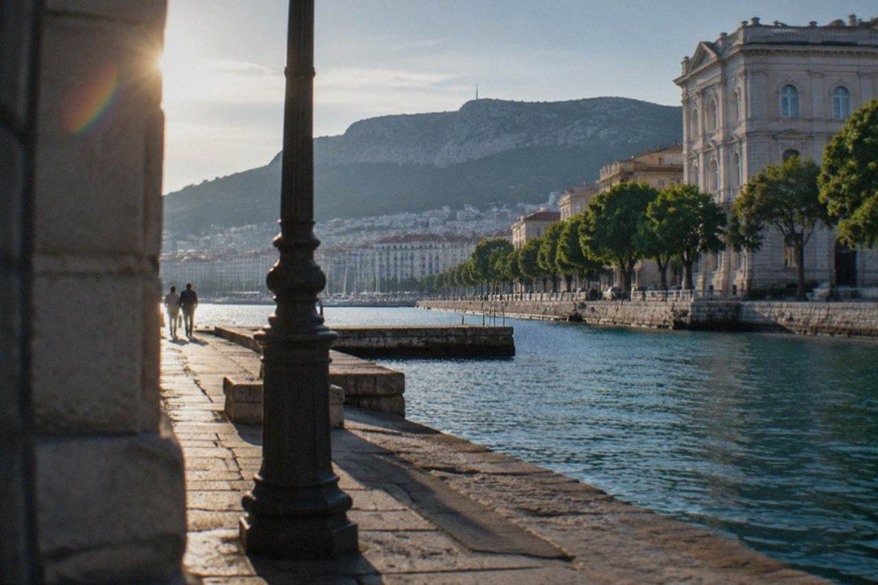 A historic villa museum on the Trieste seafront with a pale stone facade and trees along the waterfront road