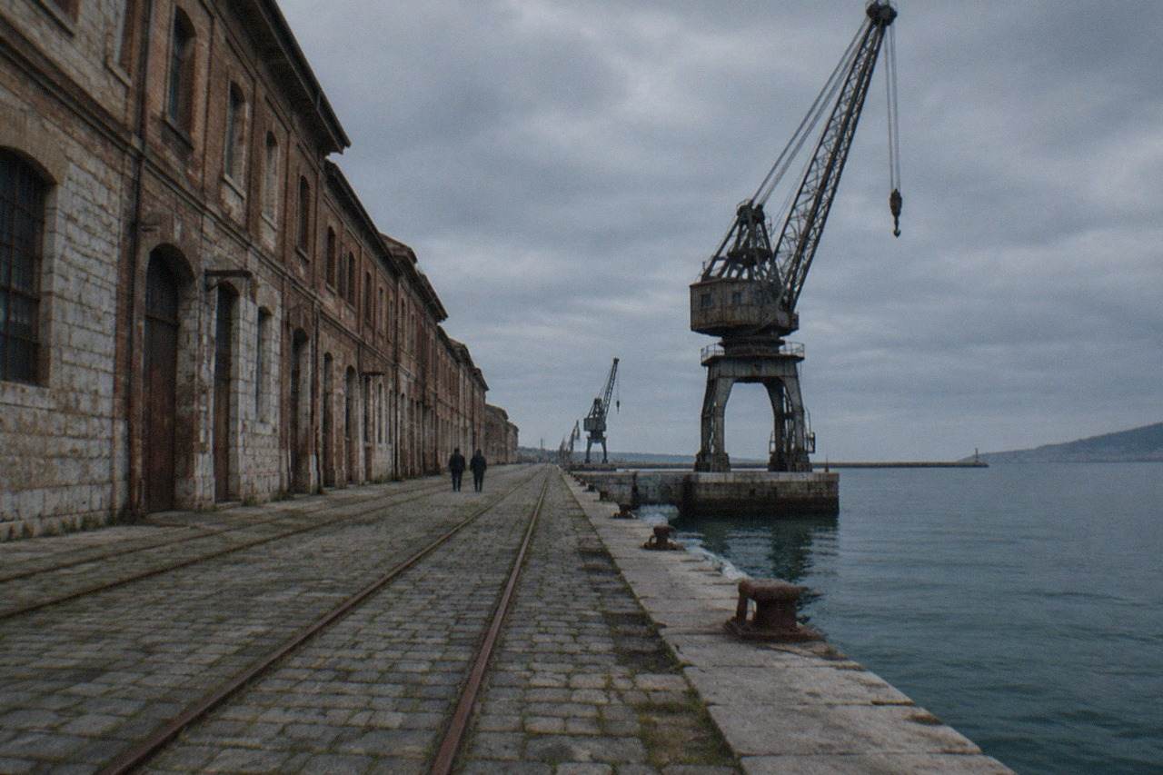 Old port warehouses on the Trieste waterfront with cranes and open sea beyond