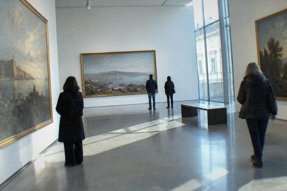 Gallery visitors looking at large paintings hung in a bright modern museum wing