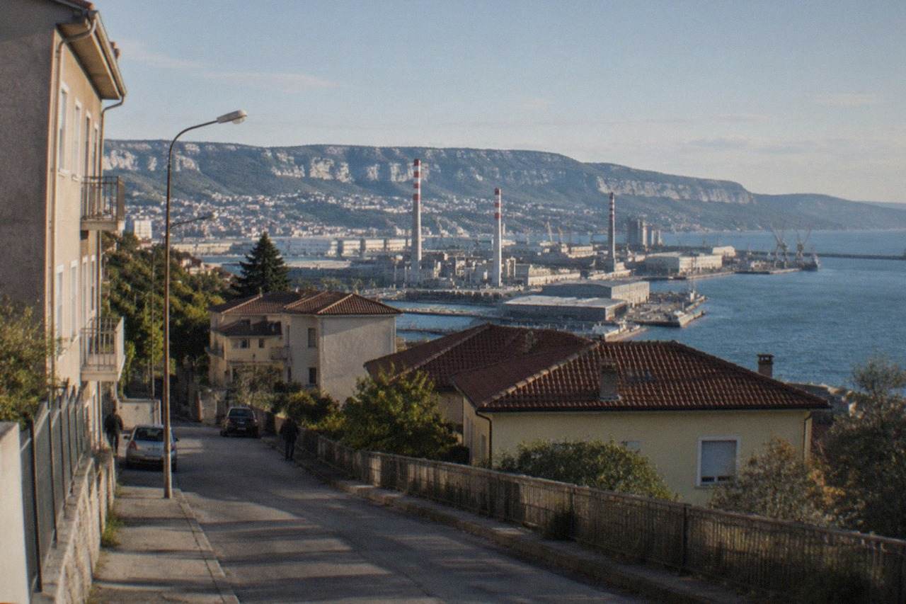 A quiet street in the Servola district on the southern edge of Trieste, low industrial buildings under a pale sky.