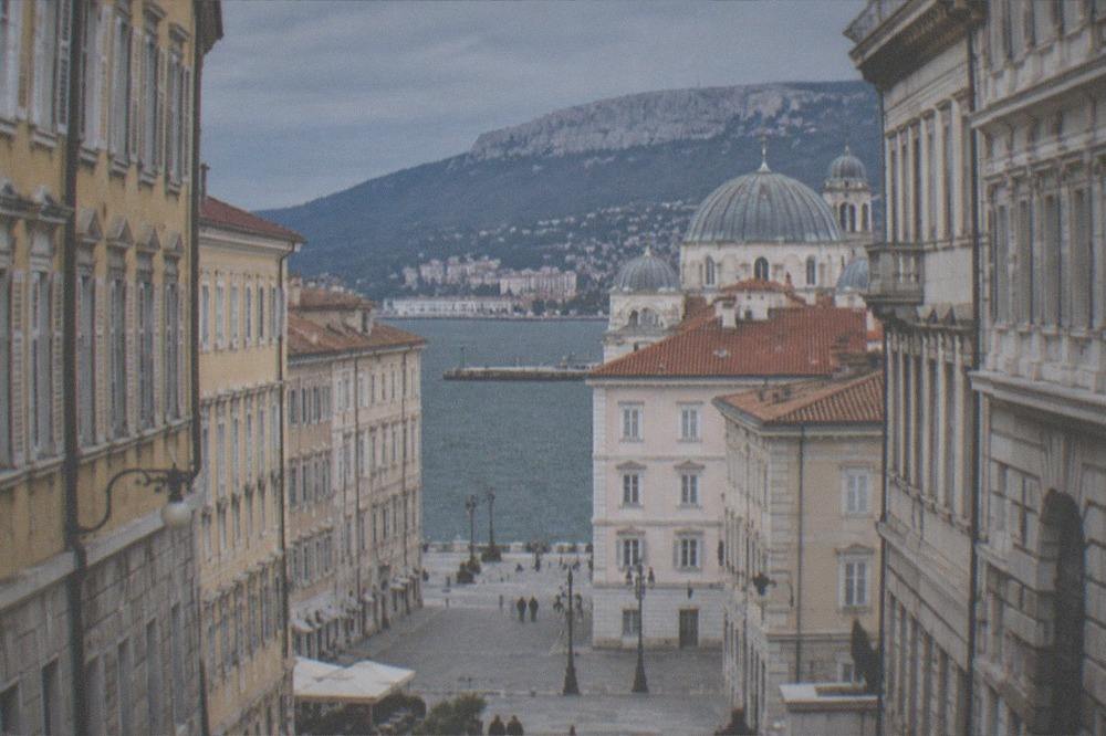 Historic old-town rooftops of Trieste with church domes and the sea beyond