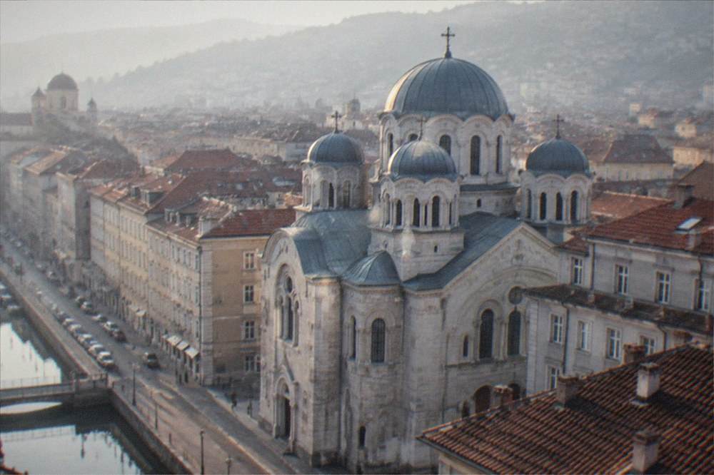 Evening light on the domes and rooftops of Trieste's old town near the Saint Spyridon church