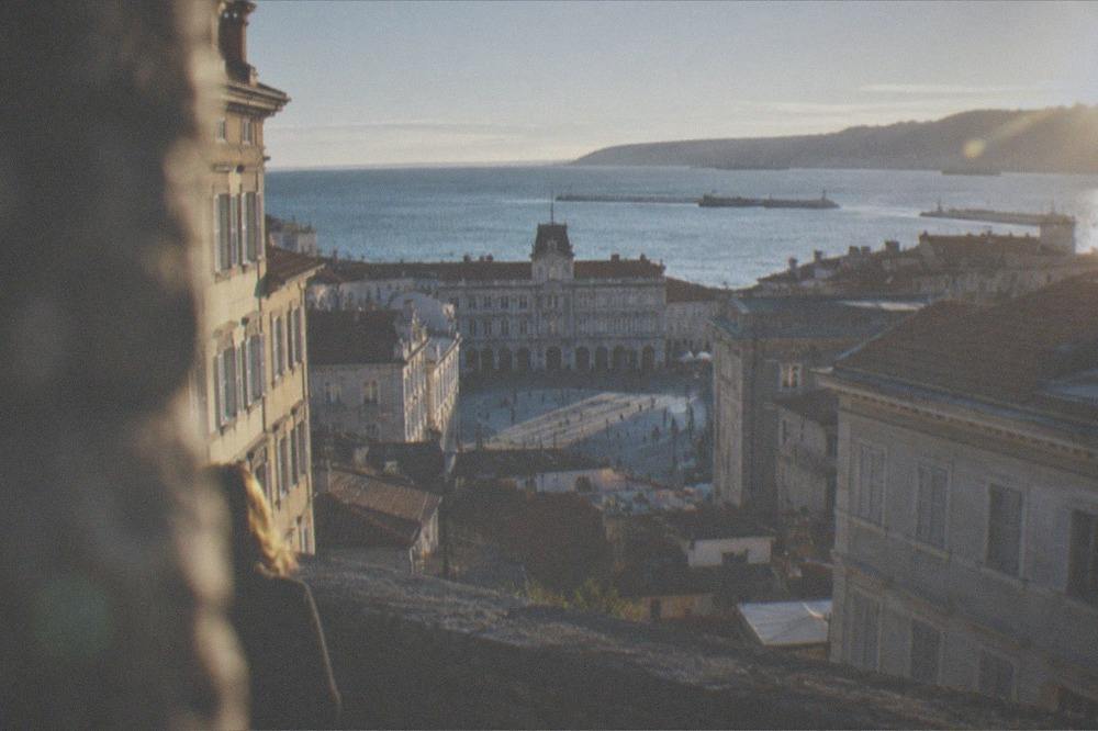 View over Trieste rooftops towards Piazza Unità d'Italia and the Adriatic from the castle walls