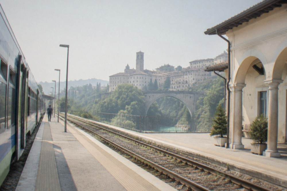 A regional train waiting at a platform in an Italian railway station on a bright morning