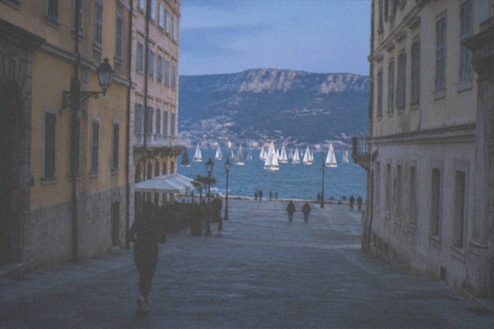 Sailboats gathered on the open water of the Gulf of Trieste before a regatta start