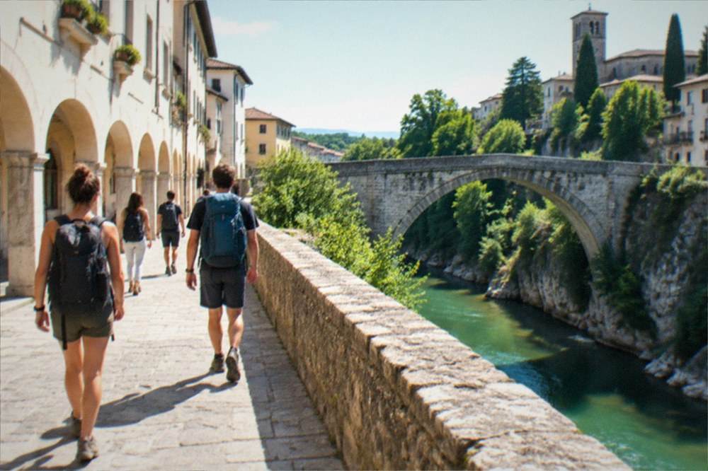Travellers with backpacks walking through a sunlit square in a small northern Italian town