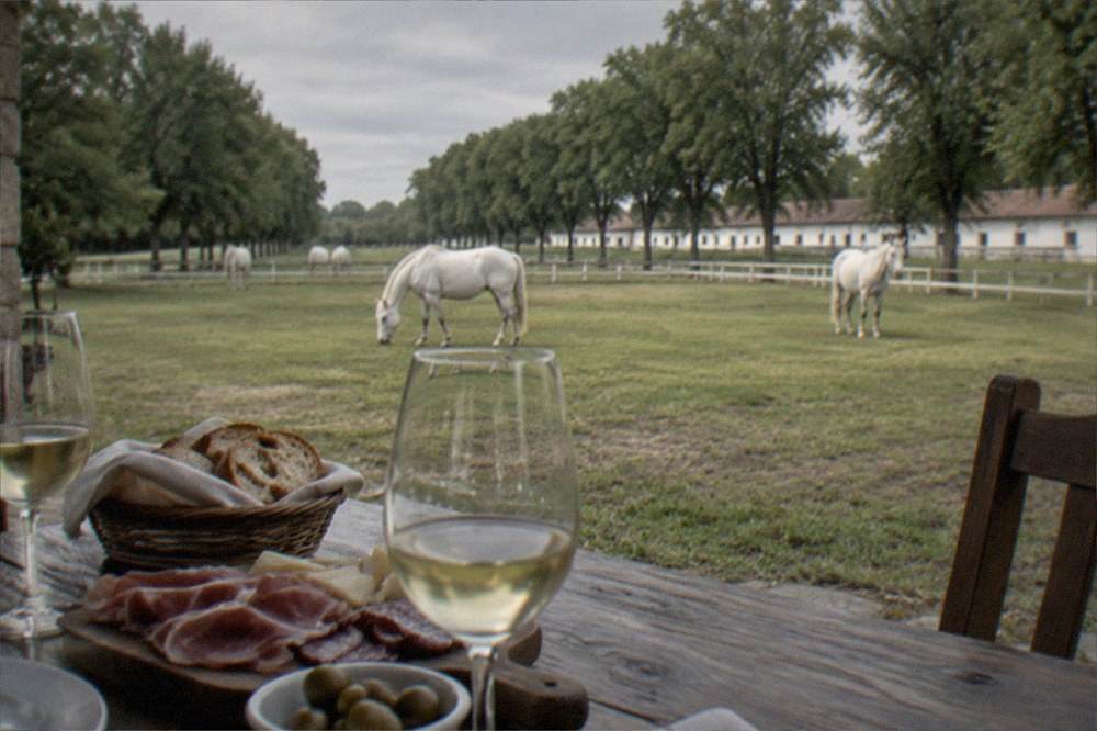 A farmhouse table set with wine glasses, bread and cured meats at a rustic tavern