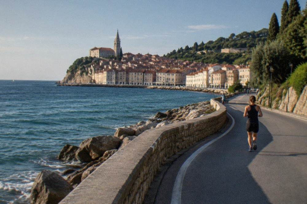 A coastal road curving along the shoreline with the sea on one side and green hills on the other.