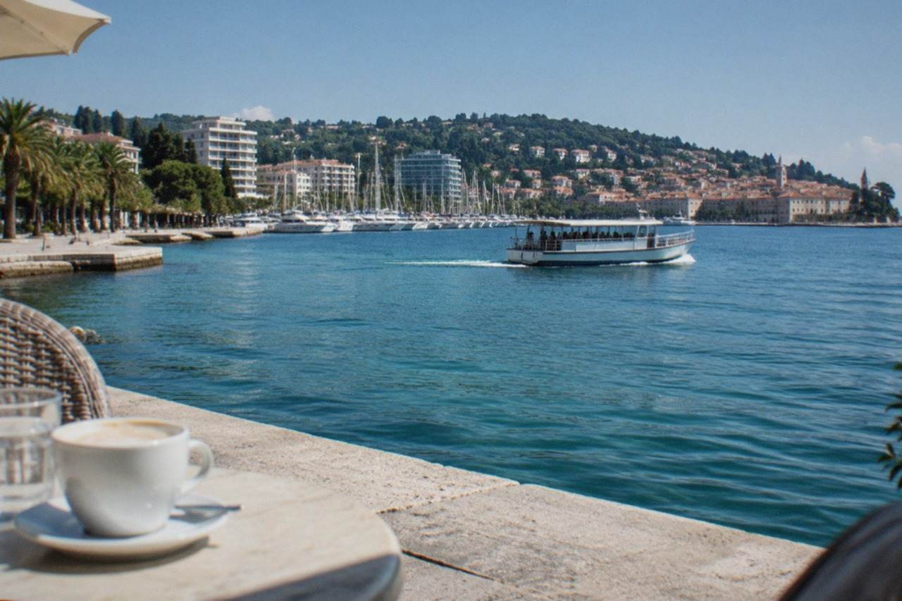 A small passenger ferry on calm blue Adriatic water with a coastal town of terracotta roofs in the distance